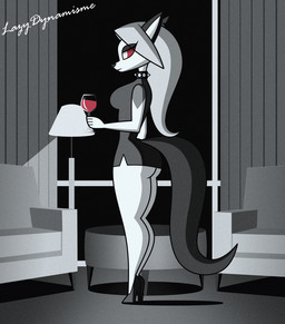 alcohol anthro beverage biped breasts butt female female_anthro side_view solo standing wine lazydynamisme hellaverse helluva_boss mythology loona_(helluva_boss) canid canid_demon canine demon hellhound mammal mythological_canine mythological_creature full-length_portrait portrait