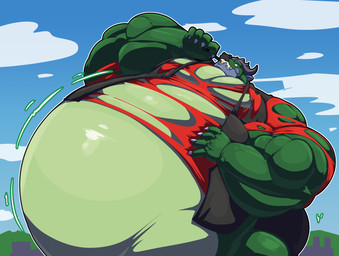 anthro belly big_belly bloated clothing growth_lines horn huge_belly hyper hyper_belly macro male muscular overweight solo swollen_belly torn_clothing bobert grockle dinosaur kaiju ornithischian prehistoric_species reptile scalie stegosaurian thyreophoran absurd_res hi_res