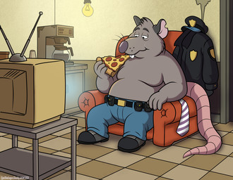 anthro belly big_belly biped bottomwear clothing detailed_background eating electronics food footwear hat headgear headwear inside male moobs overweight overweight_male pants pizza pizza_slice shirt shirtless shoes sitting sofat solo television topwear watching_television ilustratorlatin brok_the_investigator cowcat_games guard_(brok_the_investigator) mammal murid murine rat rodent 2026 hi_res