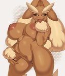 2021 absurd_res anthro anthrofied big_breasts black_sclera breasts brown_body brown_fur cervina7_(artist) cunnilingus_gesture curvy_figure digital_media_(artwork) female front_view fur generation_4_pokemon genitals gesture hi_res huge_breasts lagomorph looking_at_viewer lopunny mammal navel nintendo nipples nude pokemon pokemon_(species) pokemorph pupils pussy seductive simple_background slit_pupils solo suggestive suggestive_gesture teeth thick_thighs tongue tongue_out voluptuous white_background wide_hips yellow_eyes