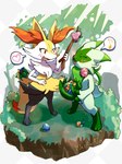 ambiguous_gender anthro blush blush_lines duo eyes_closed fangs food fruit fur green_body green_fur grey_body grey_fur happy heart_symbol inner_ear_fluff leppa_berry multicolored_body musical_note musical_symbol open_mouth oran_berry orange_body orange_eyes orange_fur paws pecha_berry plant pokemon_berry shrub stick symbol tail teeth tongue tree tuft white_body white_fur yellow_body yellow_fur wasawasa nintendo pokemon braixen canid canine felid feline floragato generation_6_pokemon generation_9_pokemon mammal pokemon_(species) 2025 signature