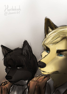 alternate_species ambiguous_gender anthro biped black_body black_fur blonde_hair blue_eyes clothed clothing duo fully_clothed fur furrification hair light_body light_fur looking_at_another side_eye survey_corps uniform ouivon attack_on_titan erwin_smith levi_ackerman canid canine canis mammal wolf 2014 bust_portrait digital_media_(artwork) portrait
