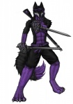 accessory anthro black_body black_fur black_powder_weapon fur gun headband holding_object holding_weapon male melee_weapon paws pirate purple_body purple_eyes purple_fur ranged_weapon rifle solo sword swordgun weapon fenrirwolfen feyyore canid canine fox mammal nonbinary_(lore)