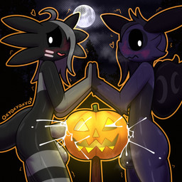 ahoge anthro balls bangs big_penis biped black_body black_hair black_sclera black_tail blush bodily_fluids butt cum cum_splatter duo food fruit genital_fluids genitals gloves_(marking) glowing grey_hair hair hand_on_hand heart_symbol huge_penis looking_at_viewer male male/male markings moon nude nude_male object_penetration open_mouth open_smile outside penis plant pumpkin purple_body side_view smile standing striped_markings stripes tail text white_eyes wings oxyoxyoxyox crescent_(coolfishvideos) licorice_(oxyoxyoxyox) amphibian aquatic arthropod axolotl insect mole_salamander salamander 1:1 2023 artist_name digital_drawing_(artwork) digital_media_(artwork) hi_res