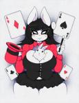 anthro big_breasts black_hair blush bottomwear bow_(feature) bow_tie breasts card cleavage clothed clothing duo eyewear female feral front_view fur gloves hair handwear hat headgear headwear huge_breasts looking_at_viewer magic magician miniskirt playing_card pupils simple_background skirt slit_pupils solo_focus thick_thighs wand white_body white_fur wide_hips smokyjai lagomorph leporid mammal rabbit hi_res