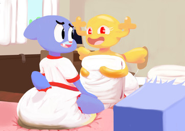 anthro big_diaper clothed clothing diaper duo feces female folded_diaper huge_diaper male soiled_diaper soiling tail unclean_diaper used_diaper wearing_diaper drchops cartoon_network the_amazing_world_of_gumball gumball_watterson penny_fitzgerald domestic_cat felid feline felis mammal digital_media_(artwork) hi_res