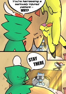 2_panel_comic ambiguous_gender anthro bandage beak bed bedding black_nose black_text blanket blue_body bodily_fluids cheek_spots dialogue eyes_closed feathers feral furniture group light looking_at_another motion_lines nervous nervous_smile nervous_sweat on_bed open_mouth open_smile orange_eyes pillow question_mark sitting sitting_on_bed smile sound_effects speech_bubble sunlight sweat tail tail_feathers talking_to_another text white_sclera wings yellow_body sawlamander nintendo pokemon pokemon_mystery_dungeon spike_chunsoft decidueye generation_1_pokemon generation_4_pokemon generation_7_pokemon pikachu pikipek pokemon_(species) riolu 2025 comic english_text hi_res