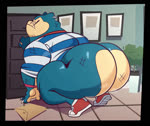 2024 2d_animation animated anthro belly big_butt blue_body blue_fur bodily_fluids butt butt_heart clothed clothing detailed_background ear_piercing ear_ring eyewear footwear fur generation_1_pokemon glasses half_naked loop male nintendo overweight overweight_anthro overweight_male pantsless piercing pokemon pokemon_(species) ring_piercing shoes snorlax solo sweat thick_thighs trashtoonz webm