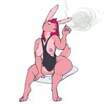 3_toes 5_fingers anthro areola bottomless bottomless_anthro bottomless_female breasts cigarette clothed clothing ear_piercing eyes_closed feet female fingers hair hi_res holding_cigarette holding_object lagomorph leporid mammal nipples partially_clothed piercing pink_body pink_hair rabbit ritts simple_background sitting smoke smoke_from_mouth smoking solo tail toes topwear topwear_only white_background