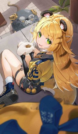 accessory animal_ears arms_bent baozi bare_legs black_bottomwear black_clothing black_shorts blonde_hair blue_clothing blue_footwear blue_shoes bottomwear breasts clothed clothing collared_shirt cute_fangs dress_shirt fangs female fluffy_ears food food_on_mouth footwear furgonomics green_eyes grey_dress_shirt hair holding_food holding_object jacket long_hair looking_at_viewer looking_back looking_back_at_viewer medium_breasts open_clothing open_jacket open_topwear rear_view ribbons shirt shoes shorts sitting socks striped_hair tail tail_accessory tail_ribbon teeth thigh_strap topwear two_tone_tail wariza white_clothing white_footwear white_socks yellow_clothing yellow_jacket_(clothing) yellow_topwear young young_female young_humanoid kinoyama_0202 mihoyo zenless_zone_zero ju_fufu animal_humanoid felid felid_humanoid humanoid mammal mammal_humanoid pantherine pantherine_humanoid thiren tiger_humanoid absurd_res hi_res