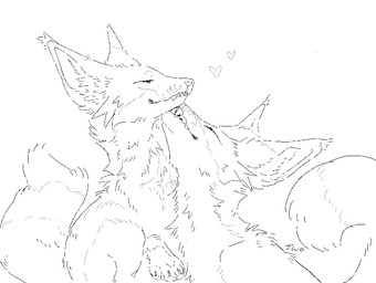 bite duo eyes_closed fangs feral fluffy paws raised_paw sitting smile teeth twofox canid canine fox mammal true_fox monochrome