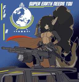 abstract_background anthro armor brown_body brown_hair cape clothed clothing female flexing flexing_bicep gun hair hand_on_hip long_hair looking_at_viewer military mounted_gun ranged_weapon rifle smile solo stripes text vehicle weapon the_man helldivers aquatic fish shark 2026 absurd_res english_text hi_res