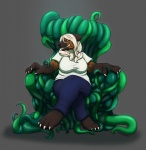 anthro bottomwear chair claws clothed clothing feet female furniture green_eyes grey_background grin hair hindpaw pants paws shirt simple_background slightly_chubby smile solo spots tentacle_throne tentacles throne topwear conditional_dnp sefeiren fys hyena living_furniture mammal spotted_hyena hi_res