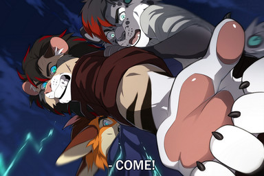 angry anthro black_claws black_hair black_nose blue_eyes brown_hair cheek_tuft claws clothed clothing facial_tuft fur grey_body grey_fur group hair hug inner_ear_fluff male multicolored_hair night open_mouth orange_body orange_fur pawpads pink_pawpads red_hair sky teeth text trio tuft two_tone_hair whisker_spots yellow_body yellow_fur azzai canid canine felid fox leopard lion mammal pantherine red_fox true_fox 2020 3:2 colored digital_drawing_(artwork) digital_media_(artwork) english_text shaded
