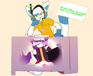 anthro bangs blue_body blue_fur blush blush_lines bodily_fluids bottomless bottomless_male clothed clothing cum cum_in_mouth cum_inside cum_while_penetrated dialogue dipstick_tail duo electronics fellatio fur genital_fluids green_eyes headgear headphones inner_monologue leg_grab looking_at_another looking_at_partner male male/male markings motion_lines motion_outline one_eye_closed oral penetration penile purple_body purple_eyes purple_fur sex side_bangs simple_background speech_bubble tail tail_markings text thinking topwear under_table unprofessional_behavior vest white_body white_fur wondom clownfish_(yonkagor) seadrive_(yonkagor) domestic_cat felid feline felis mammal english_text hi_res lol_comments nonbinary_(lore)