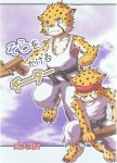 action_52 anthro apollo_(cheetahmen) arbalist aries_(cheetahmen) blue_eyes bottomwear brother_(lore) brothers_(lore) cheetah cheetahmen clothing club_(weapon) comic crossbow duo felid feline green_eyes holding_object holding_weapon japanese_text kemono kerchief male mammal melee_weapon pants ranged_weapon shirt sibling_(lore) tail teeth text topwear toraya_inugami weapon young young_anthro young_male