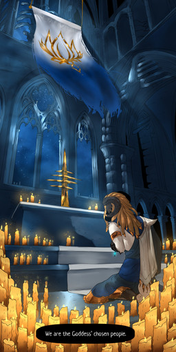 altar anthro armor banner blonde_hair blue_clothing candle church clothing female hair multicolored_body night pauldron praying solo speech_bubble star two_tone_body window tyunre nafisa_vharr_antrelys bovid caprine mammal 1:2 absurd_res comic hi_res