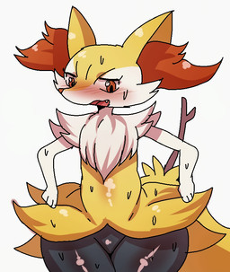 3_fingers 3_toes ambiguous_anthro ambiguous_gender anthro arm_tuft big_tail biped black_body blush blush_lines blushing_profusely bodily_fluids bottomwear cheek_tuft chest_tuft clothed clothing clothing_lift cute_fangs eyelashes facial_tuft fangs featureless_crotch feet fingers flat_chested front_view fur glistening glistening_body hip_tuft inner_ear_fluff looking_at_viewer multicolored_body multicolored_fur nude_ambiguous nude_anthro object_in_tail open_mouth orange_body orange_eyes orange_fur orange_inner_ear_fluff orange_nose pointy_ears prick_ears shoulder_tuft simple_background skirt skirt_lift solo standing stick stick_in_tail sweat sweatdrop tail tapering_snout teeth toes tongue tuft white_background white_body white_fur wide_hips yellow_body yellow_fur yellow_tail unknown_artist nintendo pokemon braixen canid generation_6_pokemon mammal pokemon_(species) aliasing binary_drawing cel_shading colored digital_drawing_(artwork) digital_media_(artwork) portrait shaded source_request three-quarter_portrait