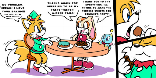 2_tails anthro blue_body blue_eyes brown_ear_tips brown_eyes cake christmas_clothing christmas_headwear clothed clothed_anthro clothed_female clothed_male clothing cookie cutlery dessert dialogue dipstick_ears dipstick_tail ear_markings eating eating_food female food fork fully_clothed fully_clothed_anthro fully_clothed_female fully_clothed_male fur group headgear headwear holidays kitchen_utensils male markings multi_tail multicolored_ears red_bow speech_bubble tail tail_markings tan_body tan_fur text tools trio white_inner_ear white_mouth white_tail_tip wings yellow_body yellow_fur young floofyboyetime christmas sega sonic_the_hedgehog_(series) cheese_the_chao cream_the_rabbit miles_prower canid canine chao_(sonic) fox lagomorph leporid mammal rabbit 2022 comic english_text hi_res