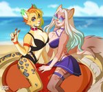 5_fingers anthro beach bikini blue_eyes breast_squish breasts clothed clothing day detailed_background duo ear_piercing ear_ring eyebrows eyelashes female fingers open_mouth outside piercing ring_piercing sand seaside shoreline sky smile squish swimwear teeth tongue two-piece_swimsuit water charmrage enreeu felid feline leopardus mammal ocelot 2021 digital_media_(artwork)