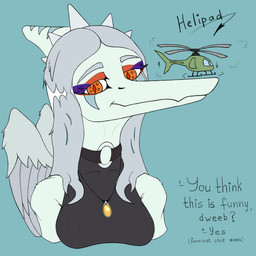 aircraft amber_(gem) amber_(material) anthro black_clothing black_topwear blue_background blue_body bone_frill breasts clothing collar dialogue eyelashes feathered_wings feathers female frill_(anatomy) front_view grey_body grey_feathers grey_hair hair helicopter humor jewelry long_eyelashes long_hair long_snout markings medium_breasts necklace non-mammal_breasts o-ring orange_eyes profanity simple_background smile snout solo spiked_collar spikes striped_markings stripes talking_to_viewer text topwear vehicle wings lorikani cavemanon_studios goodbye_volcano_high ko_op_(game_developer) snoot_game fang_(gvh) prehistoric_species pterosaur reptile scalie 1:1 colored english_text half-length_portrait portrait