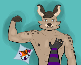 anthro big_muscles big_pecs brown_body brown_fur brown_hair duo flexing flexing_bicep fur grey_body grey_fur hair happy looking_at_viewer male male/male muscular nipples orange_body orange_fur pec_grab pecs purple_body purple_fur white_body white_fur akadthefox akad_(akadthefox) canid canine fox hyena mammal spotted_hyena absurd_res hi_res nonbinary_(lore)