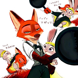 anthro anthro_on_anthro black_tie_(suit) bow_tie brown_body brown_fur clothed clothing collared_shirt cookware dress duo female frying_pan fur grey_body grey_fur interspecies kitchen_utensils male multicolored_body multicolored_fur narrowed_eyes open_mouth orange_body orange_fur purple_eyes shirt simple_background suit tan_body tan_fur teeth text tools topwear vest white_background nibkman0304 disney zootopia judy_hopps nick_wilde canid canine european_rabbit fox lagomorph leporid mammal oryctolagus rabbit red_fox true_fox hi_res japanese_text translation_request
