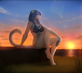 4_toes anthro biped blue_body blue_fur blue_hair bra breasts clothing detailed_background feet female fur hair outside pink_nose sitting smile solo sunset tail toes underwear white_body white_fur dafka angelica_(ashkelling) felid mammal pantherine 2017 hi_res