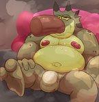 2022 amphibia_(series) amphibian anthro barrel_the_brave belly big_belly blush bulge clothing disney duo erection frog genitals green_body haxsmack hi_res male male/male moobs musk nipples oral overweight overweight_male penis pillow sitting solo_focus underwear