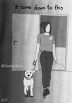 ambiguous_gender collar dialogue door duo female feral leash missing_ear missing_eye scar text jenny_jinya loving_reaper canid canine canis domestic_dog human mammal comic english_text greyscale monochrome male_(lore)