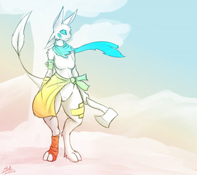 4_ears anthro axe band-aid bandage bandaged_arm breasts clothed clothing female genitals melee_weapon mountain multi_ear non-mammal_breasts partially_clothed plant raised_tail scarf small_breasts solo standing tail thick_thighs tree vulva weapon wind conditional_dnp lodi_(artist) avali restricted_palette sketch
