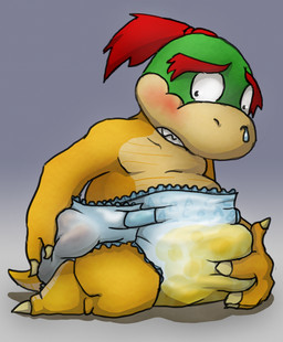 anthro biped blush bodily_fluids claws clothed clothing diaper diaper_only genital_fluids green_body hair kneeling male red_hair simple_background soiled_diaper solo teeth topless unclean_diaper urine used_diaper wearing_diaper wet_diaper yellow_body young crackajackin mario_bros nintendo baby_bowser koopa scalie 2010 digital_media_(artwork)