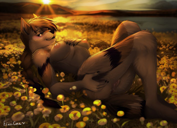 anthro areola black_nose bodily_fluids braided_hair breasts day detailed_background eyebrows eyelashes female fur genital_fluids genitals hair nipples outside sky solo sun tan_body tan_fur vaginal_fluids vulva white_body white_fur eleacat canid canine canis mammal wolf digital_media_(artwork)
