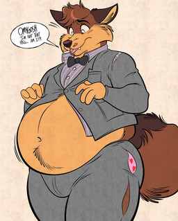 anthro belly bottomwear bow_tie brown_body brown_fur clothed clothing dialogue fur heart_clothing heart_symbol heart_underwear looking_down looking_down_at_self male navel overweight overweight_anthro overweight_male pants pink_tongue raised_clothing raised_shirt raised_topwear shirt shocked solo speech_bubble text tongue topwear torn_bottomwear torn_clothing torn_pants unbuttoning_shirt underwear remmyfox canid canine mammal english_text hi_res
