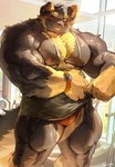 anthro biceps big_muscles black_body black_fur bodily_fluids brown_eyes cheek_tuft clock clothed clothing detailed_background ear_piercing facial_tuft fur gloves_(marking) huge_muscles looking_at_viewer male markings muscular muscular_anthro muscular_male muscular_thighs nipples one_eye_closed owo pecs piercing quads solo standing sweat text thick_thighs tuft vein veiny_muscles watch wristwatch yellow_body yellow_fur dona908 canid canine canis mammal absurd_res english_text hi_res