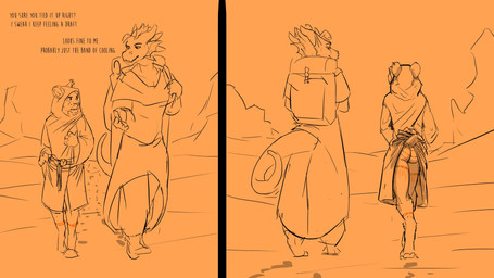 anklet anthro backpack butt clothed clothing dialogue duo exposed footprint jewelry male raised_clothing tail text fek mythology arvie_dreadmaw fekkri_talot dragon felid mammal mythological_creature mythological_scalie scalie 16:9 4k absurd_res alternate_version_at_source english_text hi_res widescreen