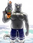 anthro beach clothing detailed_background eyewear fur grey_body grey_fur male muscular muscular_anthro muscular_male outside seaside solo sunglasses swimming_trunks swimwear toy toy_gun water_gun bgn felid mammal pantherine hi_res