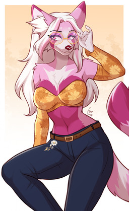 anthro biped bottomwear breasts claws clothed clothed_anthro clothed_female clothing eyewear female fingers front_view fully_clothed fully_clothed_anthro fully_clothed_female fur glasses hair navel pants simple_background smile solo standing tail teeth topwear fuvi canid canine fox mammal 2026 absurd_res digital_drawing_(artwork) digital_media_(artwork) hi_res