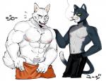 abs anthro biceps bottomwear clothed clothing duo male muscular muscular_male nipples pants pecs topless kadikadisake canid canine domestic_cat felid feline felis mammal 2017 digital_media_(artwork)