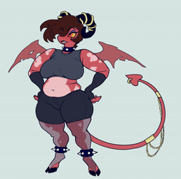 2_horns accessory anklet arm_warmers armwear belly big_breasts biped blue_eyeshadow bottomwear breasts brown_hair buckteeth claws clothing collar crop_top curled_horn curvy_figure denim denim_bottomwear denim_clothing denim_shorts digitigrade eyeshadow female furgonomic_piercing furgonomics grey_background hair hair_over_eye hands_on_hips heart_(marking) hooves horn jewelry legband legwear lidded_eyes lips love_handles makeup markings multicolored_body multicolored_skin navel notched_wings orange_eyes piercing red_body red_skin ring_piercing shirt shorts simple_background slightly_chubby slightly_chubby_female slightly_chubby_humanoid solo spade_tail spiked_anklet spiked_collar spiked_legband spikes spots spotted_body spotted_skin standing stockings tail tail_accessory tail_chain tail_jewelry tail_piercing tail_ring_(piercing) tan_body tan_skin teeth thick_thighs three-quarter_view topwear two_tone_body two_tone_skin wide_hips wings yellow_sclera pillowknight hellaverse helluva_boss fan_character humanoid imp succubus 2022 full-length_portrait hi_res portrait