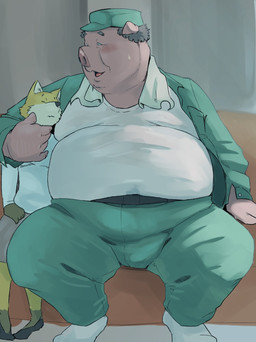 anthro belly big_belly clothing duo hat headgear headwear kemono male male/male mature_male overweight overweight_male shirt sitting size_difference topwear towel young o_miso_n canid canine canis domestic_dog domestic_pig mammal suid suine sus_(pig) 2026 hi_res