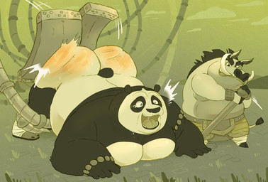 5_fingers all_fours anthro ass_up black_body black_fur bodily_fluids butt butt_slap clothed clothing duo fingers fur male male/male nude overweight overweight_anthro overweight_male red_butt slap smile spanked_butt spanking spanking_machine teardrop tears tears_of_pleasure topless topless_anthro topless_male white_body white_fur haxsmack dreamworks kung_fu_panda master_po_ping taotie_(kung_fu_panda) bear giant_panda mammal suid suine warthog hi_res