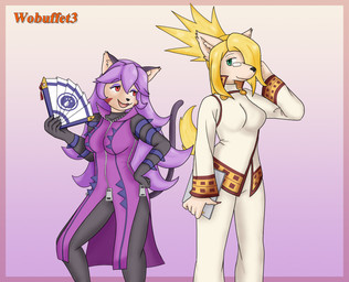 :3 blonde_hair bodysuit boots bottomwear breasts claws clipboard clothing coat collared_shirt cuffs_(clothing) duo eye_contact eyewear fangs female female/female finger_claws folding_fan footwear fur fur_markings glasses gradient_background green_eyes hair hair_over_eye hand_fan hand_in_hair hand_on_hip holding_object inner_ear_fluff lidded_eyes long_hair looking_at_another makeup markings mature_female nails pants ponytail purple_clothing purple_hair purple_tail red_eyes shirt shoes short_hair simple_background skinsuit smile spikes standing tail tan_body tan_fur teeth tight_clothing topwear touching_hair tuft white_clothing yellow_tail zipper wobuffet3 cyberconnect2 little_tail_bronx solatorobo merveille_million opera_kranz canid canine caninu domestic_cat felid feline felineko felis mammal 2025 hi_res signature