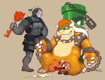 abs angry anthro anthro_on_anthro armband balls biceps big_penis bodily_fluids chain circumcised claws collar cum cum_on_face cum_on_ground cum_on_head cum_on_leg cum_on_tongue dominant dominant_male erection fellatio flaccid foreskin genital_fluids genitals glans grasp group handjob holding_object horn humanoid_genitalia humanoid_penis interspecies key kneeling larger_male licking locked male male/male male_penetrated male_penetrating male_penetrating_male muscular muscular_male narrowed_eyes nude open_mouth oral orange_body orange_skin orgasm overweight pecs penetration penile penis penis_grab pockets retracted_foreskin sex sharp_teeth shell simple_background size_difference slightly_chubby smile spiked_armband spiked_collar spiked_shell spikes spikes_(anatomy) squint standing submissive submissive_male teeth tongue tongue_out warp_pipe wristband redic-nomad mario_bros nintendo bowser bovid caprine goat goomba koopa mammal reptile scalie 2012 signature