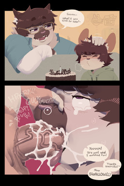2_panel_comic anthro birthday blowing_out_candles bodily_fluids bubble cum cum_bubble cum_in_mouth cum_inside duo eye_roll eyewear gagging genital_fluids genitals glasses grabbing_muzzle headpat male male/male penis purple_eyes tears thick_penis vein veiny_penis taki_takoyakis instant_loss_2koma kyato_(hatokamek) newton_(katemonsterfucker) domestic_cat felid feline felis mammal murid murine rat rodent absurd_res hi_res