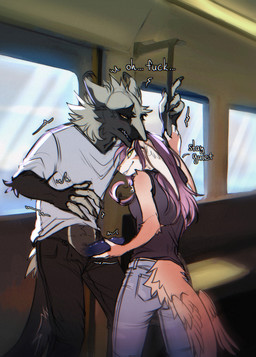 anthro blush claws clothing dialogue duo erection female fur genitals hair holding_penis male male/female penis profanity smile standing text darkarlett lagomorph mammal sergal english_text hi_res