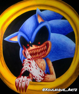 anthro blood blue_body blue_fur bodily_fluids clothing creepy demonic evil_grin fur gloves handwear horror_(theme) male nightmare_fuel red_eyes ring sharp_teeth smile solo teeth white_clothing white_gloves white_handwear xoulniqueartz creepypasta sega sonic.exe_(creepypasta) sonic_the_hedgehog_(series) sonic.exe eulipotyphlan hedgehog mammal hi_res traditional_media_(artwork)