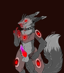 anthro blood blood_in_mouth blood_on_face blood_on_hand bodily_fluids collar contiguous_snout fangs fur genital_fluids genitals glowing glowing_eyes grey_body grey_fur grey_underbelly knot knotted_penis long_tail machine male multicolored_body multicolored_fur penis precum robotic sharp_teeth smile solo spiked_collar spikes standing tail teeth teeth_showing underbelly unknown_artist xirgix jacob_vinogradov hybrid protogen sergal