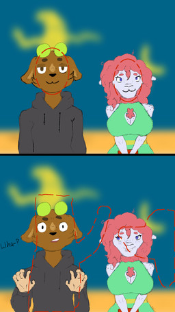 anthro ball bedroom_eyes bite biting_lip blue_eyes blush blush_lines brown_body brown_eyes brown_fur clothing dotted_outline duo female freckles fur half-closed_eyes hoodie imminent_sex male male/female narrowed_eyes pink_body pink_fur pink_wool posing_for_picture purple_body seductive tennis_ball topwear wool_(fur) luckyhomie tiktok kinnely_(luckyhomie) lucky_(luckyhomie) bovid caprine deer goat mammal 9:16 comic hi_res