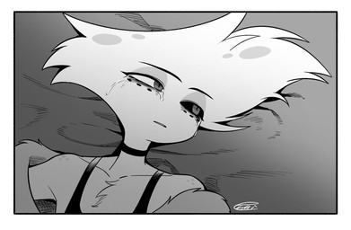 bodily_fluids border choker clothed clothing crying jewelry lying male necklace on_back solo tears white_border enaic31 hazbin_hotel hellaverse angel_dust arachnid arthropod demon humanoid spider hi_res monochrome